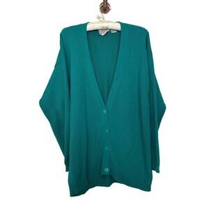 Vintage 90s Nordstrom Small Teal Button Up V-neck Cardigan Drop Sleeve